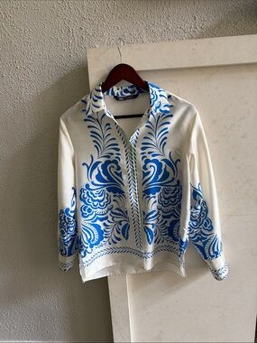 Zara - Popular Sold Out White Silk-Look Blouse with Blue Floral Print